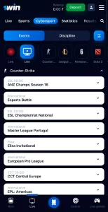 Screenshot of sports betting section
