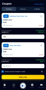 Screenshot of the bet slip
